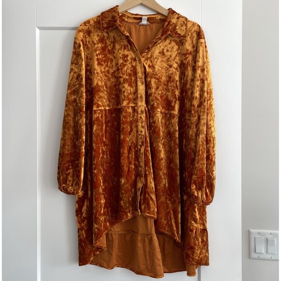 Crushed Velvet Button Down Tunic Burnt Orange Top Oversized Whimisgoth Womens XL - Picture 1 of 11